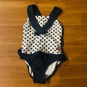 Girls Navy Polka Dot nautical One-Piece Swimsuit - like new Sz 6
